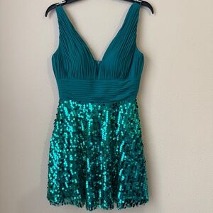 Teal Sequin V-Neck Mini Dress with Pleated Bodice